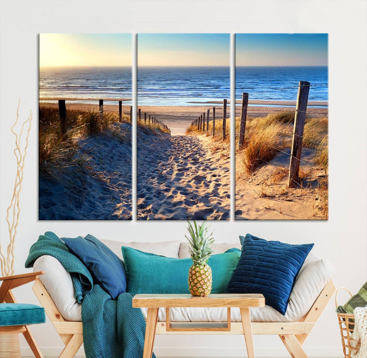 Tropical Beach Sunset Canvas Art, Ocean Waves and Sandy Shoreline Wall Art, Large Beach Decor for Coastal Homes