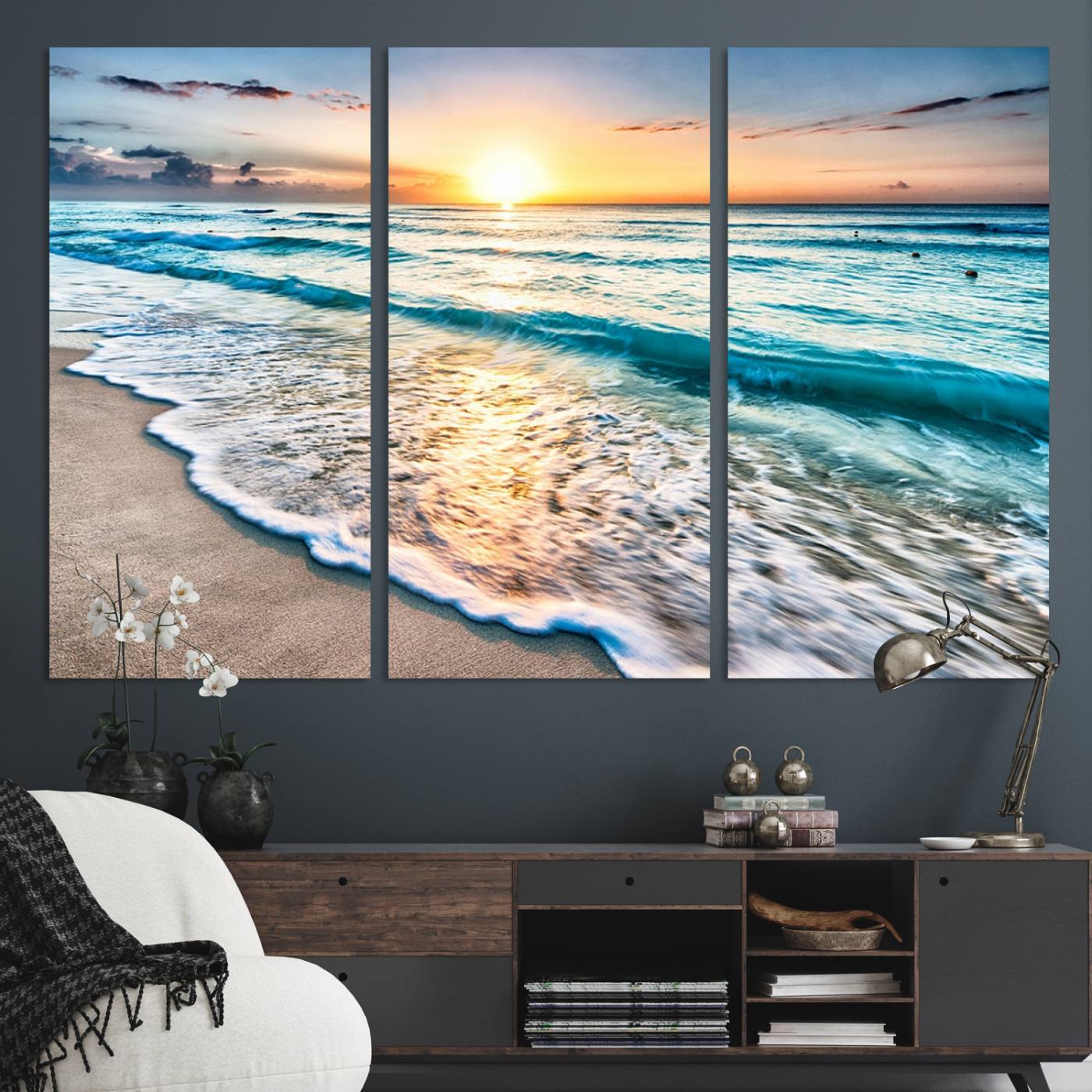 27815-MGV-CV-36X24-Sunset Beach Waves Canvas Wall Art – 5-Panel Ocean Sunset Print – Coastal Decor for Living Room or Bedroom – Ready to Hang