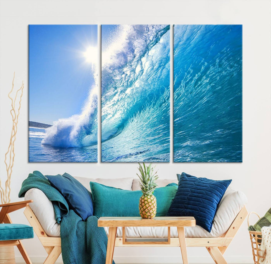 Blue Big Wave Surfing Ocean Canvas Wall Art Impresión de arte para sala de estar, decoración de la oficina en el hogar, arte de la pared de la playa, arte de la pared del mar