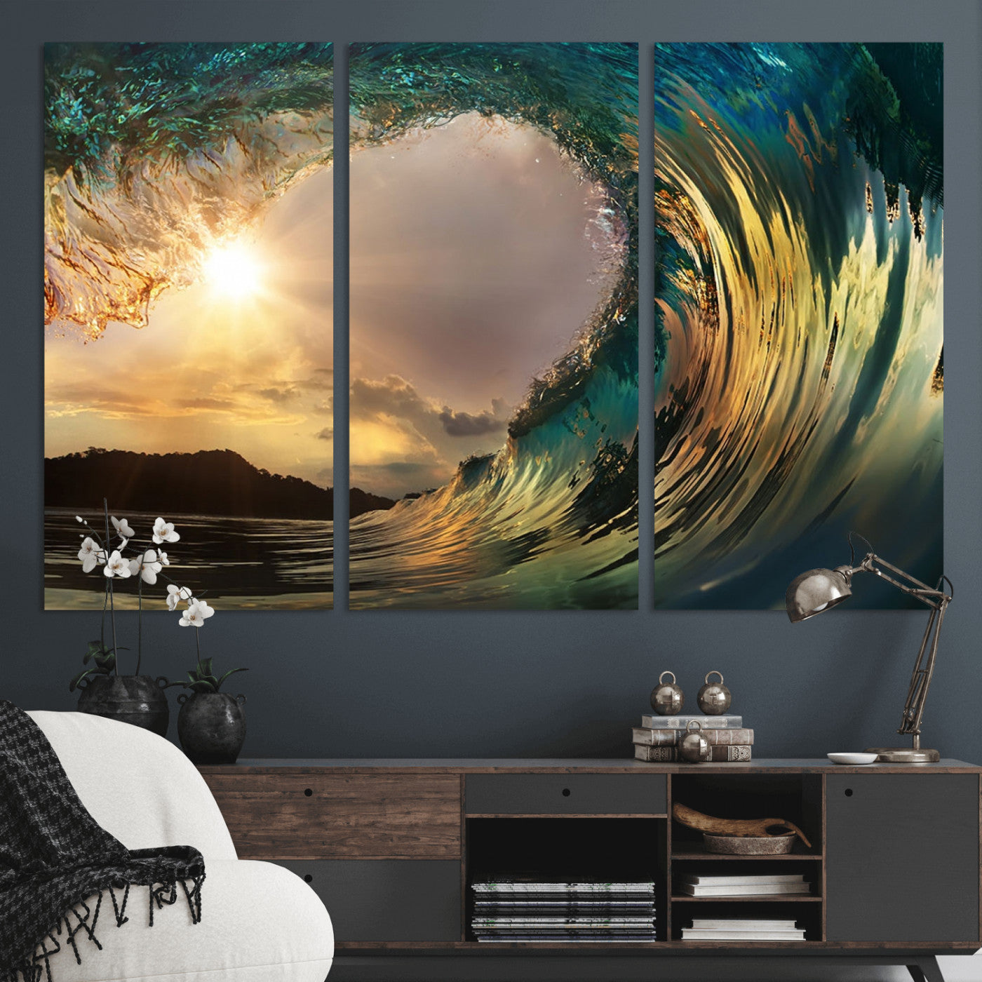 MGV-CV-48X32-3P - Golden Wave Sunset Giclee Canvas Print – Large Coastal Wall Art for Nature Lovers, Captivating Ocean Wave Decor