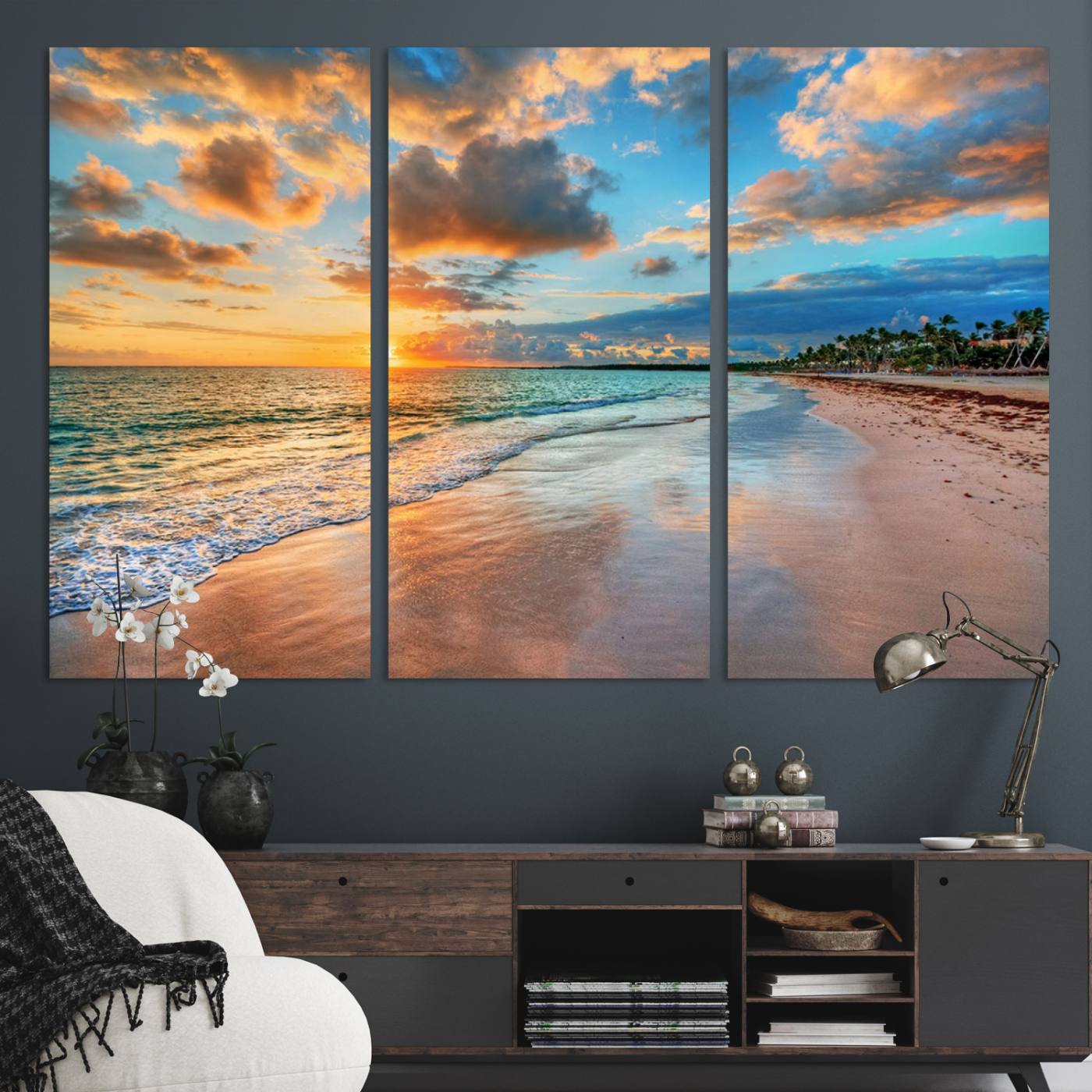 41572-MGV-CV-36X24-Sunset Beach Canvas Wall Art – Tropical Triptych Seascape Print – Coastal Ocean Decor for Living Room or Bedroom – Ready to Hang