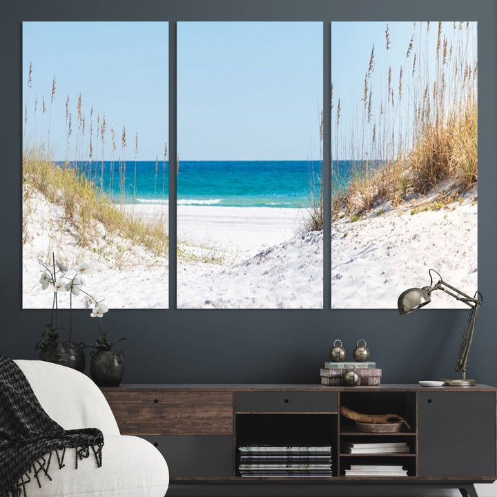 Serene Coastal Dune Path with Ocean View, 3-Panel Beach Canvas Art; tranquil seascape for coastal decor.