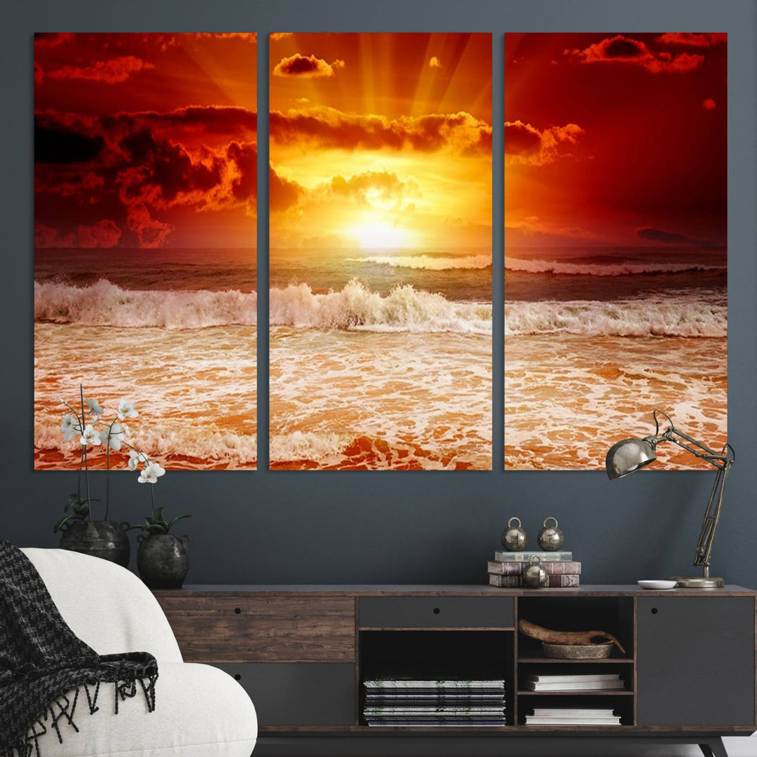 The Red Sunset Ocean Beach Canvas depicts ocean waves.