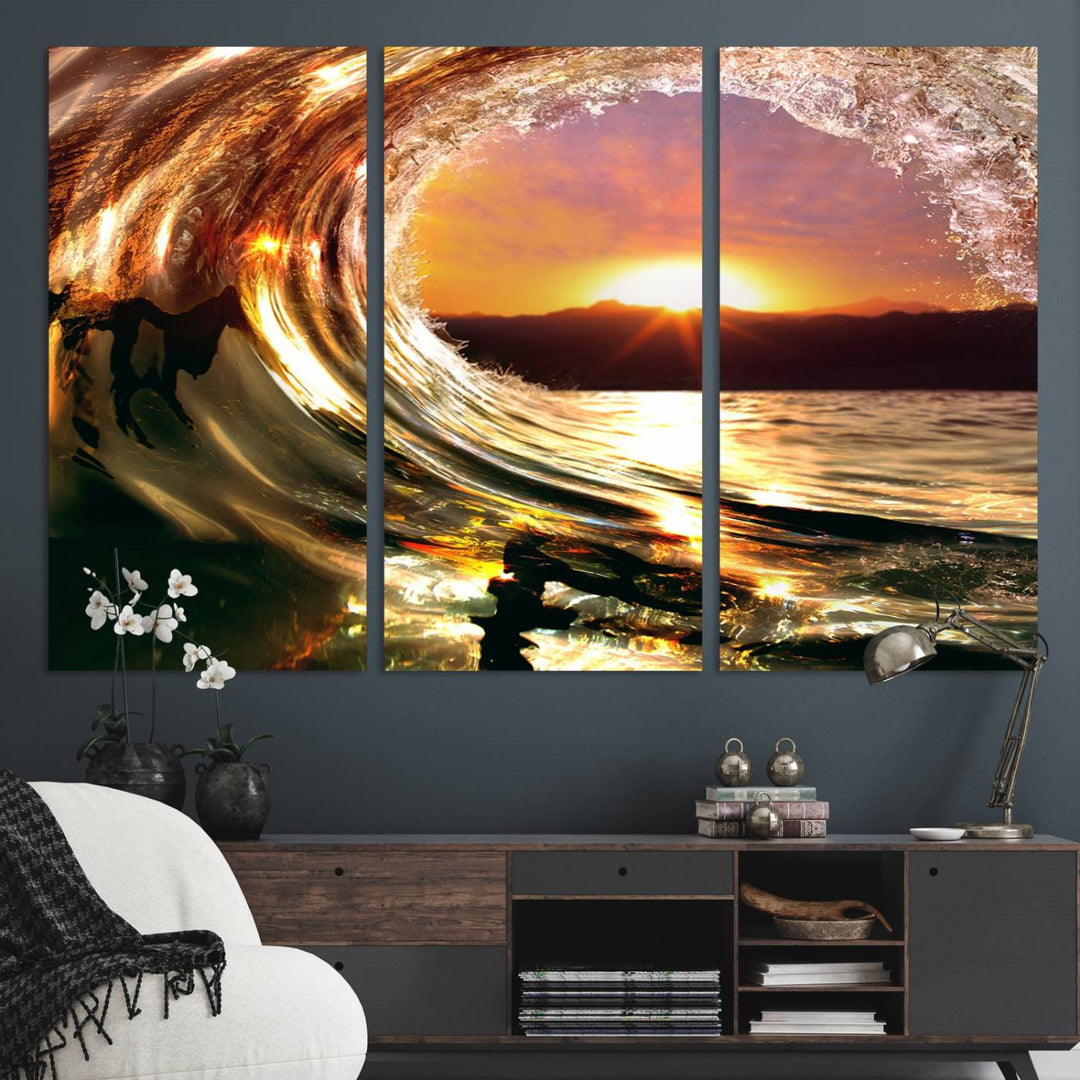 The Golden Wave Sunset Triptych Canvas Art showcases an ocean wave at sunset, casting warm light.