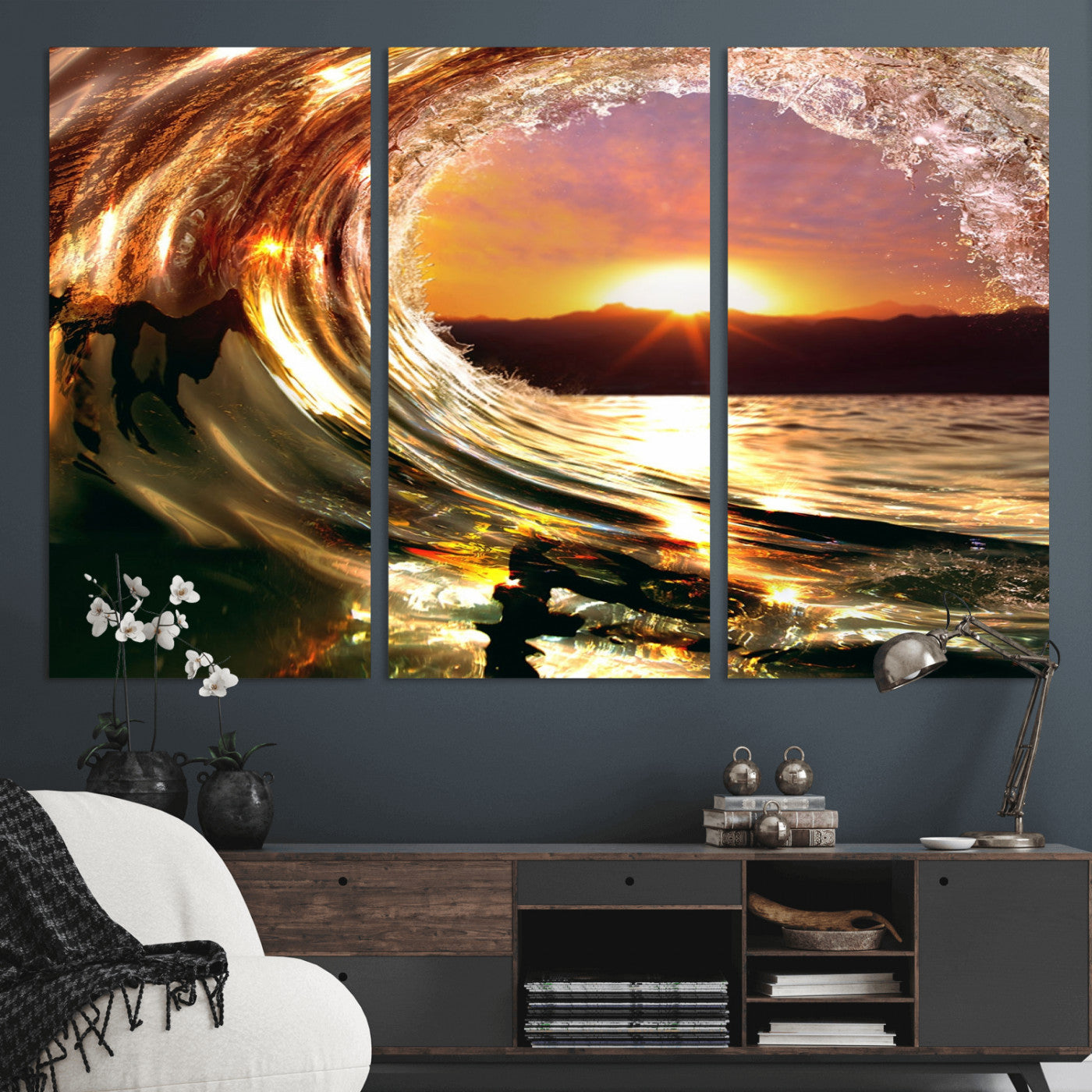 MGV-CV-48X32-3P - Golden Wave Sunset Triptych Canvas Art, Giclee Canvas Print of Ocean Wave and Sunset, Framed Ocean
