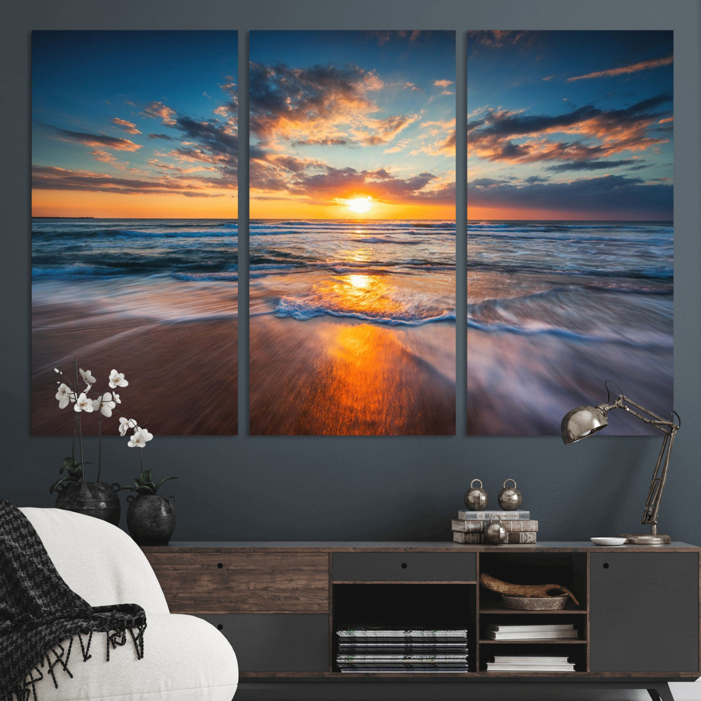MGV-CV-48X32-3P - Sunset on the Ocean Beach with Waves, Reflections on Sand, Coastal Wall Art Print, Beach Wall Art,