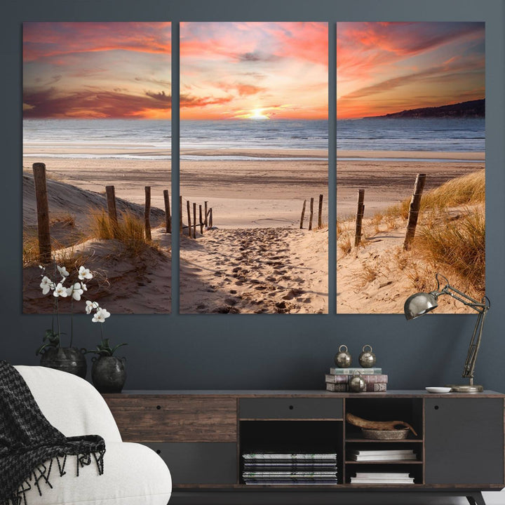 The Sunset on the Sea Wall Art Canvas Print beautifully captures a beach sunset and waves, enhanced with a UV-protective coating.