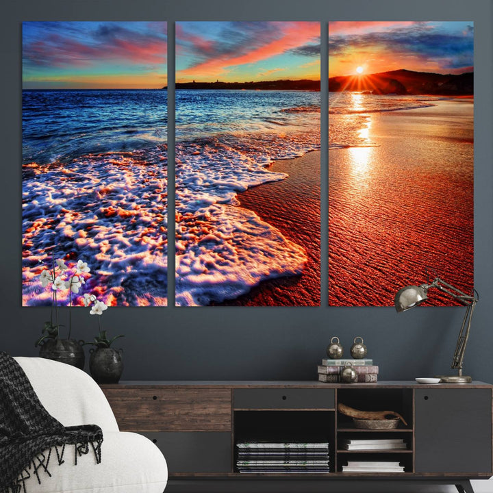 The Colorful Coastal Sunset on the Beach canvas print portrays ocean waves at dusk.