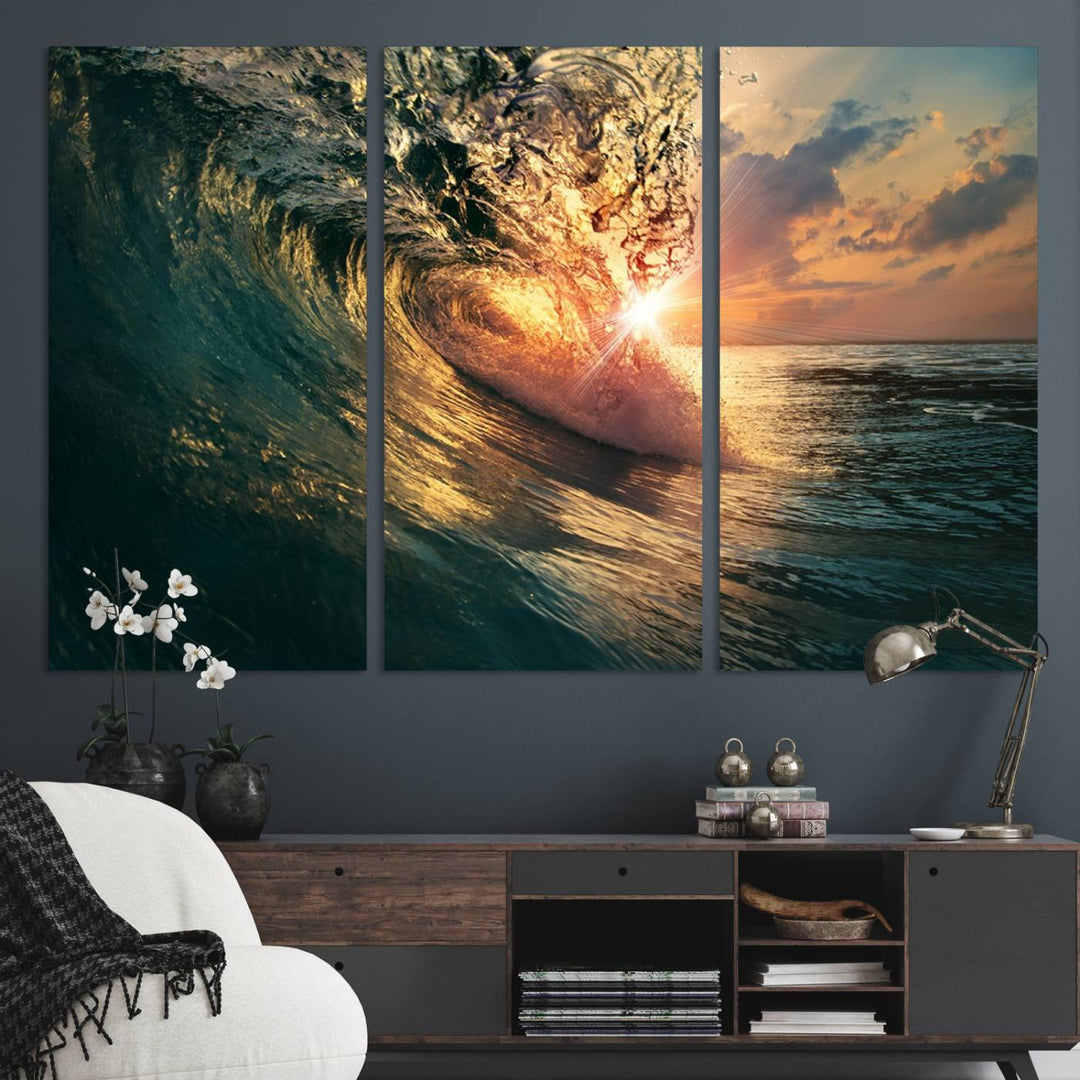 A triptych seascape titled Ocean Wave Sunset Canvas, featuring a stunning ocean view at sunset, is beautifully framed and ready to hang.