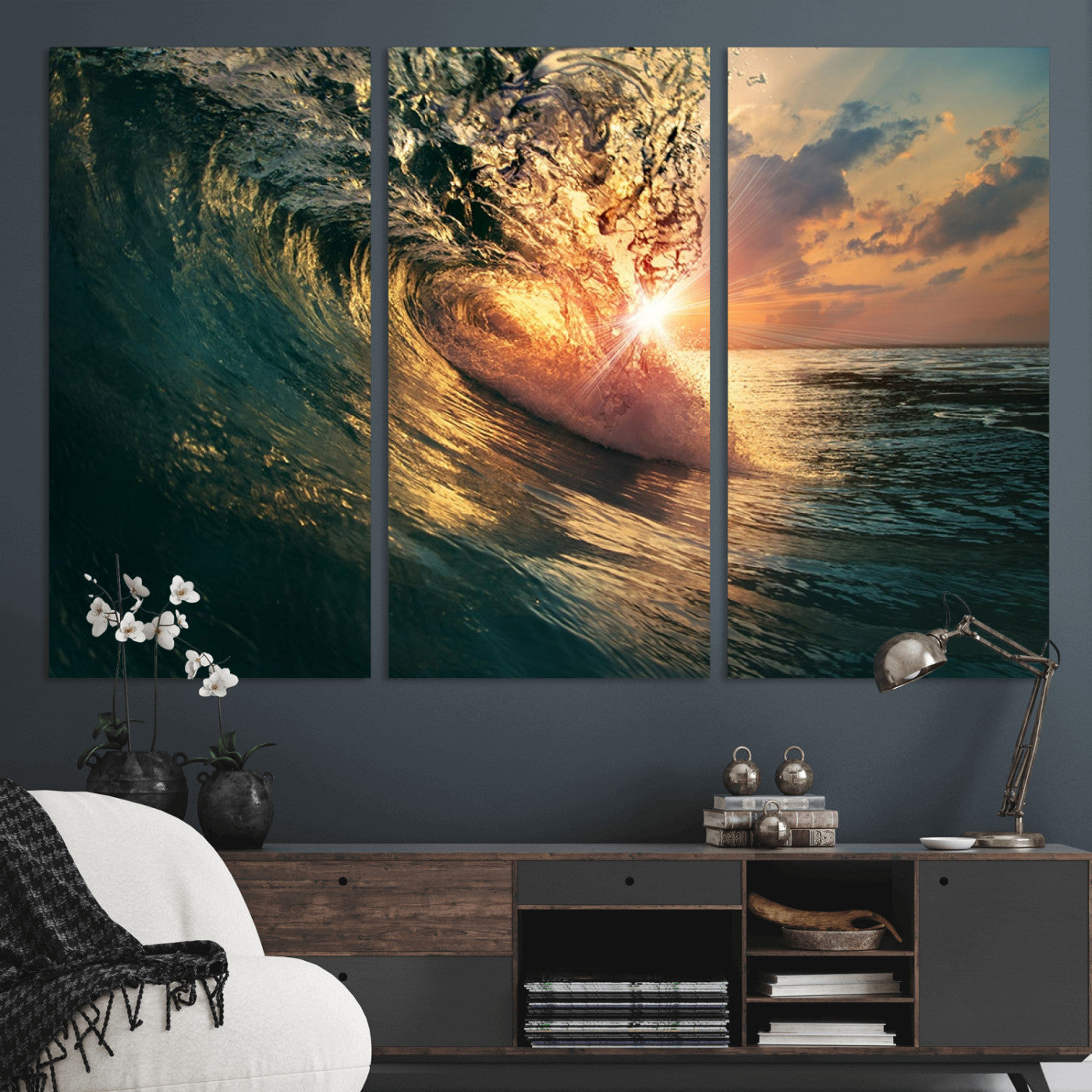 MGV-CV-48X32-3P - Ocean Wave Sunset Canvas Wall Art – Triptych Seascape Print – Framed and Ready to Hang for Living Room or Office