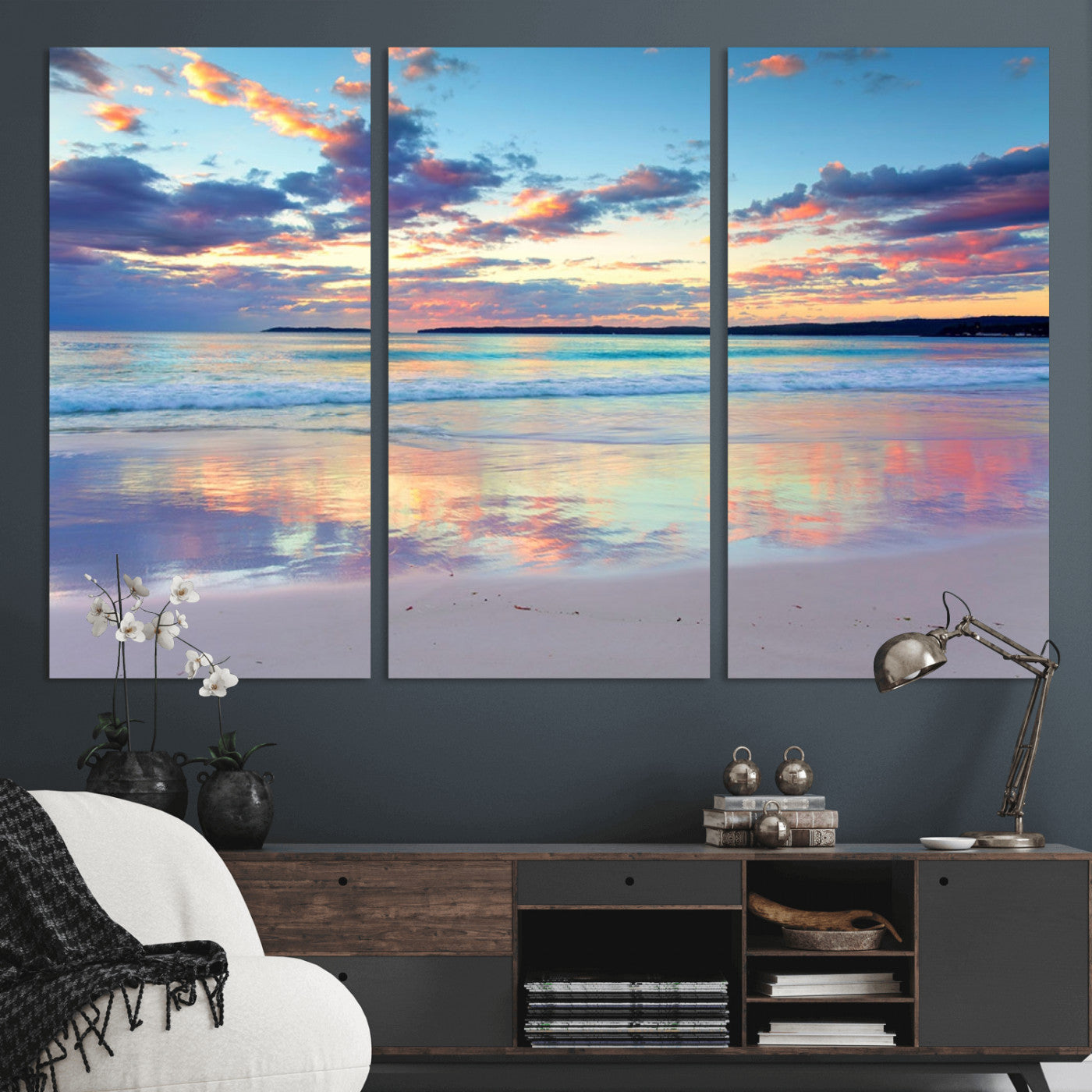 MGV-CV-48X32-3P - Tranquil Pastel Sunset Beach Triptych Canvas Art, Soothing Coastal Ocean Shoreline Giclee Print, Beach Reflections Wall Decor for Serene Spaces