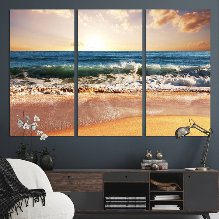 The wall features a Canon-quality Serene Beach Path canvas giclee print, depicting coastal dunes.