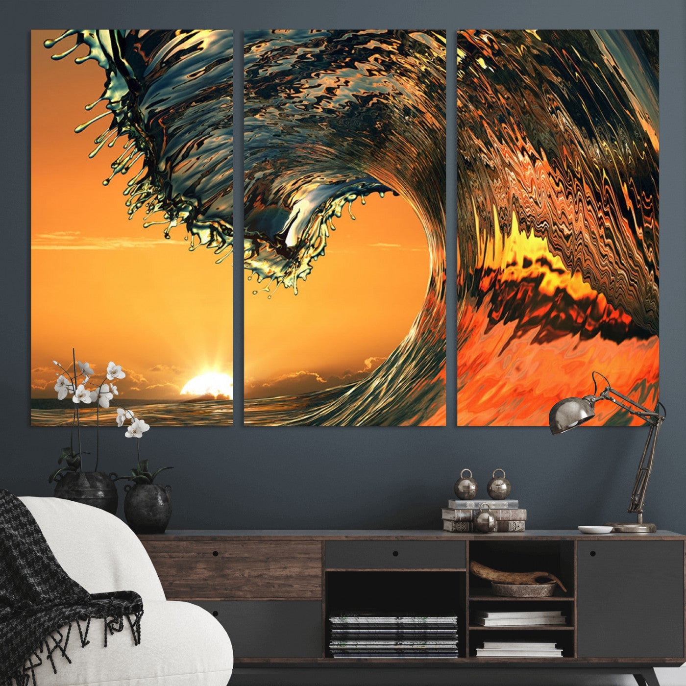 -Surf Wave Sunset Canvas Wall Art Print, 3-Panel Ocean Coastal Wall Art Print, Ocean Decor for