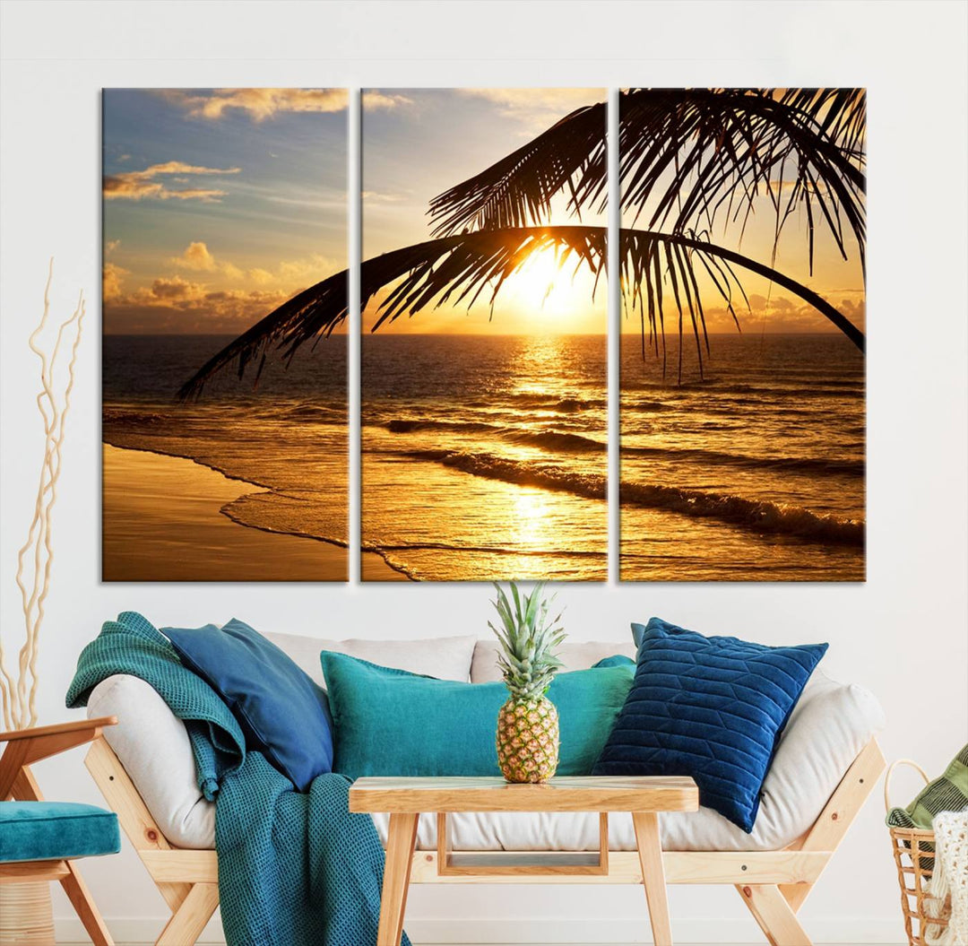 Golden Tropical Beach Sunset Canvas Triptych: Coastal Palm Art & Giclee Print with Gallery Wrap, capturing golden waves.