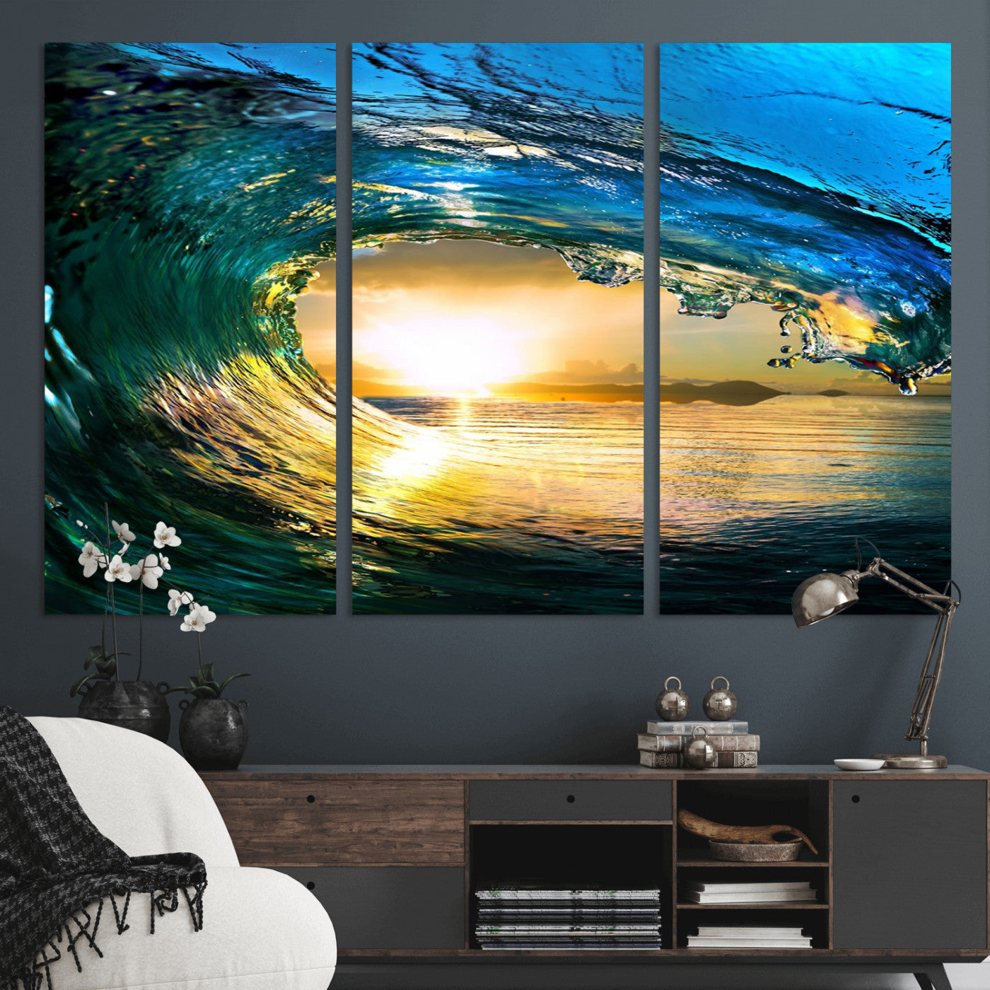 MGV-CV-48X32-3P - Ocean Wave at Sunset Canvas Art, Large Wall Print of Vibrant Water Waves, Coastal Art for Living Room and Dining Room