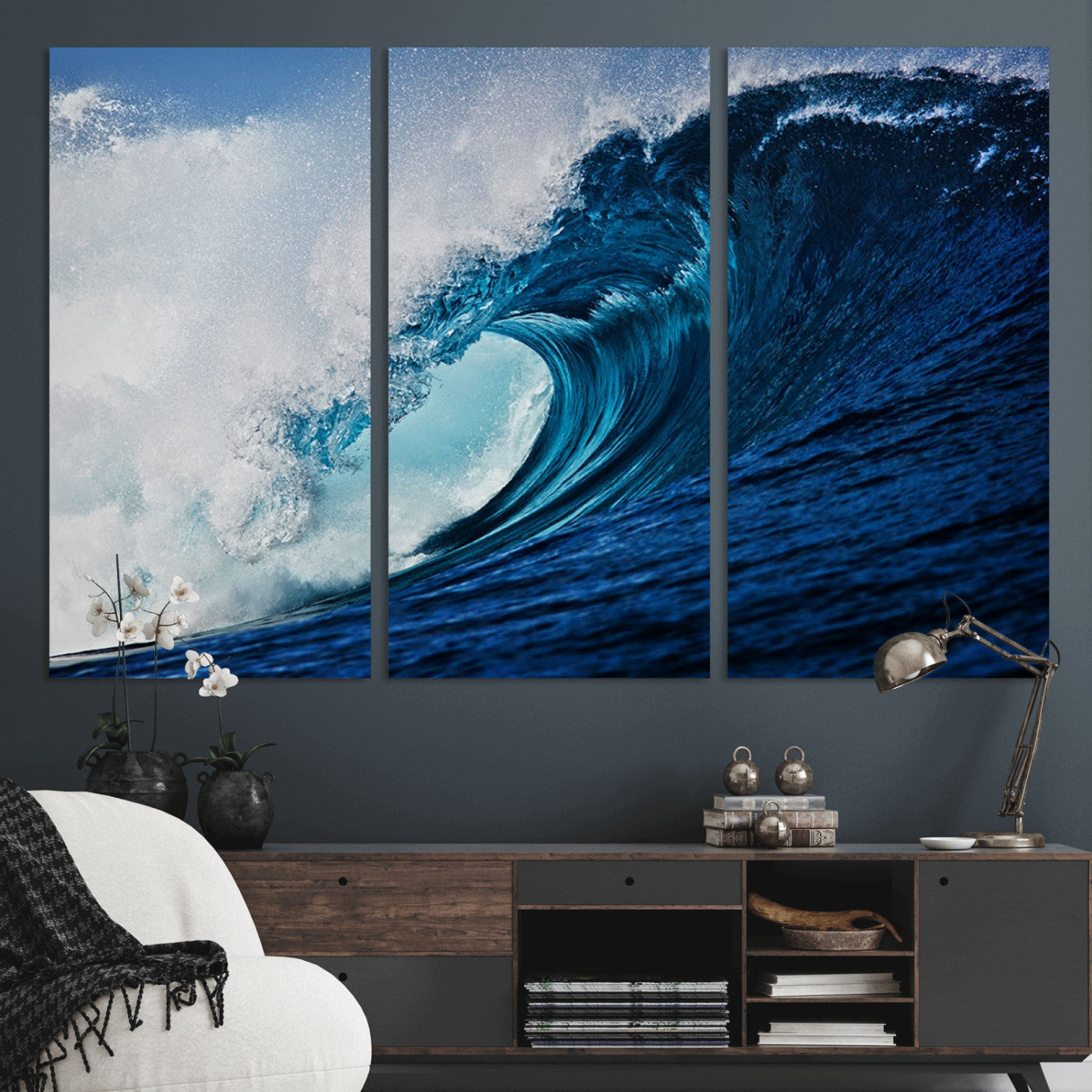 MGV-CV-48X32-3P - Ocean Wave at Sunset Canvas Art, Large Wall Print of Vibrant Water Waves, Coastal Art for Living Room and Dining Room Decor