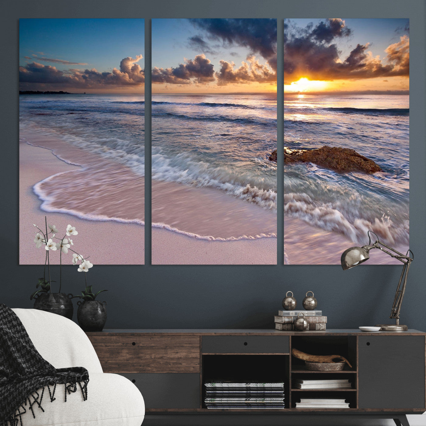 MGV-CV-48X32-3P - Sea Ocean Sunset Beach Wall Art Canvas Print