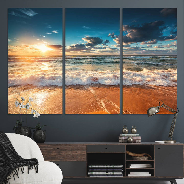 A Golden Sunset Beach Triptych Canvas Art hangs on a white wall.