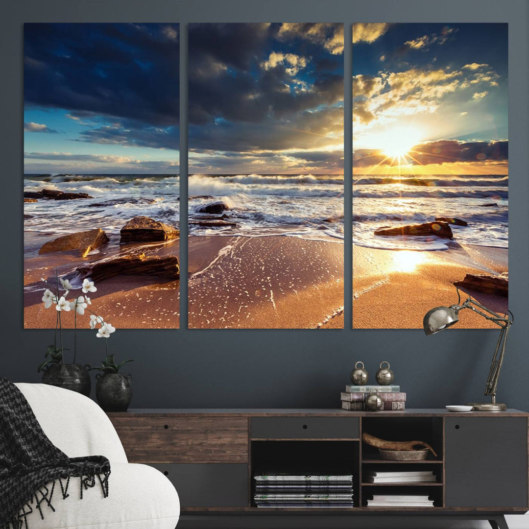 The Golden Hour Beach Sunset triptych adorns the wall with its captivating imagery.