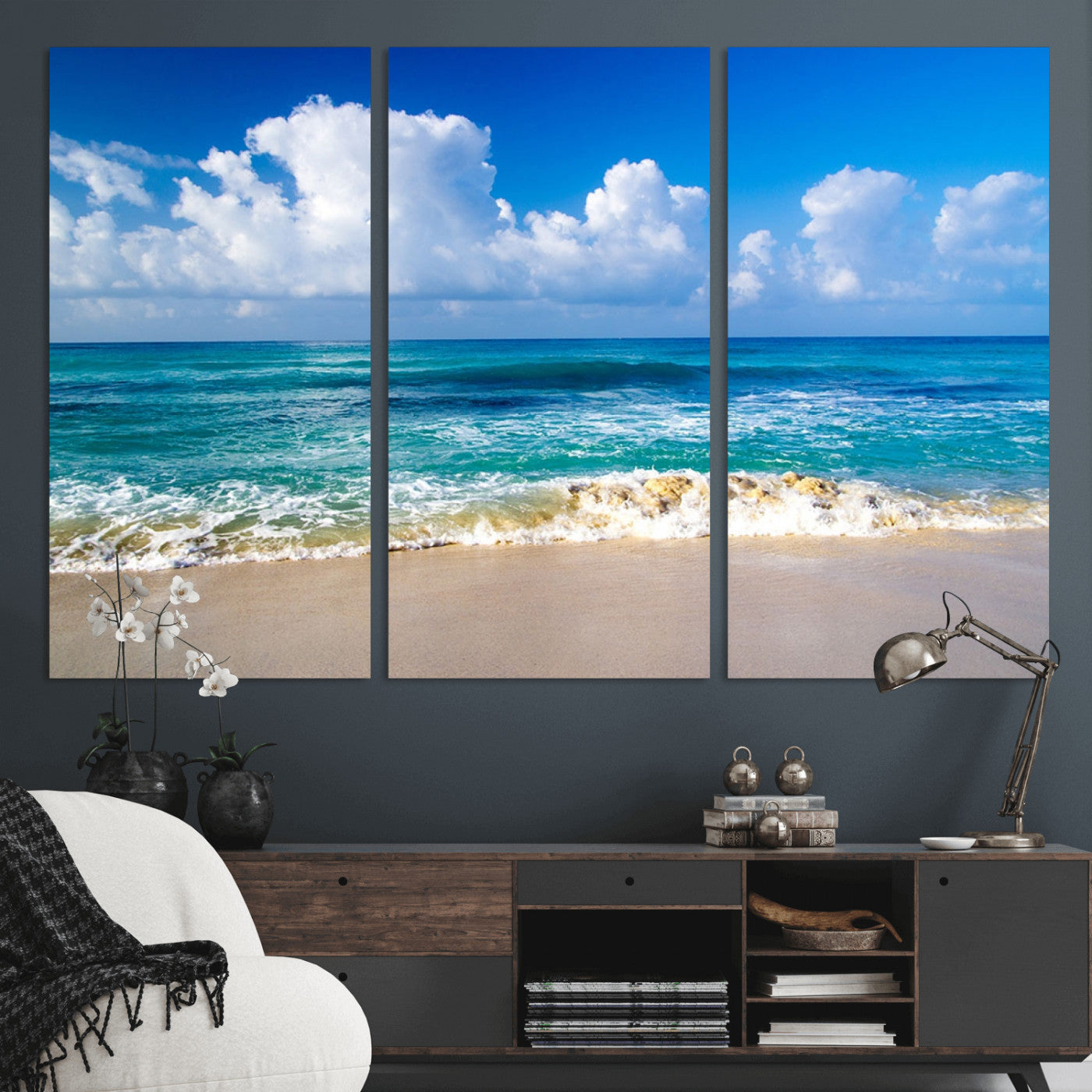 MGV-CV-48X32-3P - Tropical Beach 3-Panel Canvas Wall Art – Serene Ocean Waves and Blue Sky – Giclée Print for Living Room, Office, or Bedroom Coastal Decor