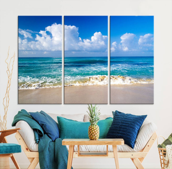 Tropical Beach 3-Panel Canvas Wall Art – Serene Ocean Waves and Blue Sky – Giclée Print for Living Room, Office, or Bedroom Coastal Decor