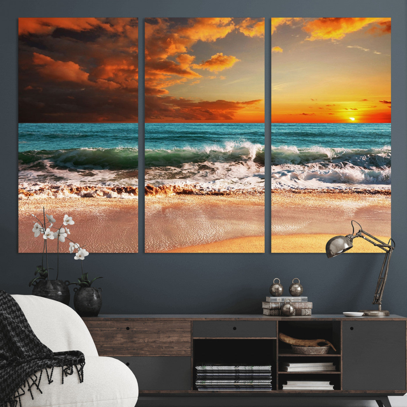 MGV-CV-48X32-3P - Golden Sunset Beach Canvas Wall Art – Triptych Seascape Print – Framed and Ready to Hang for Living Room or Office