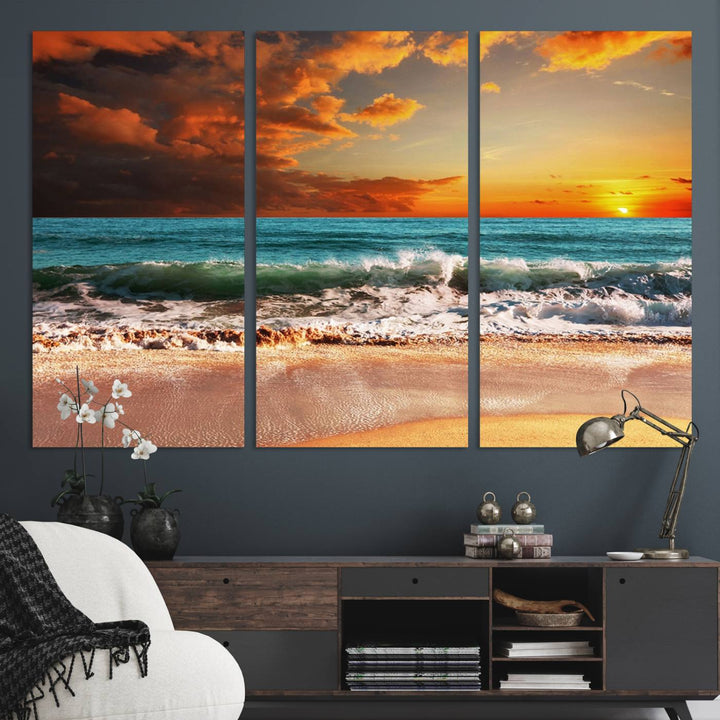 A Golden Sunset Beach triptych seascape canvas hangs on the wall.