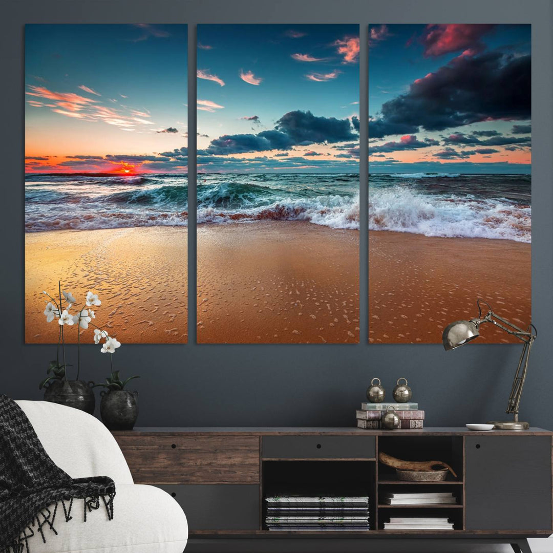 Sunset on Beach Wall Art: Waves under a vibrant sky. Crafted on museum-quality canvas, ready to hang and admire.