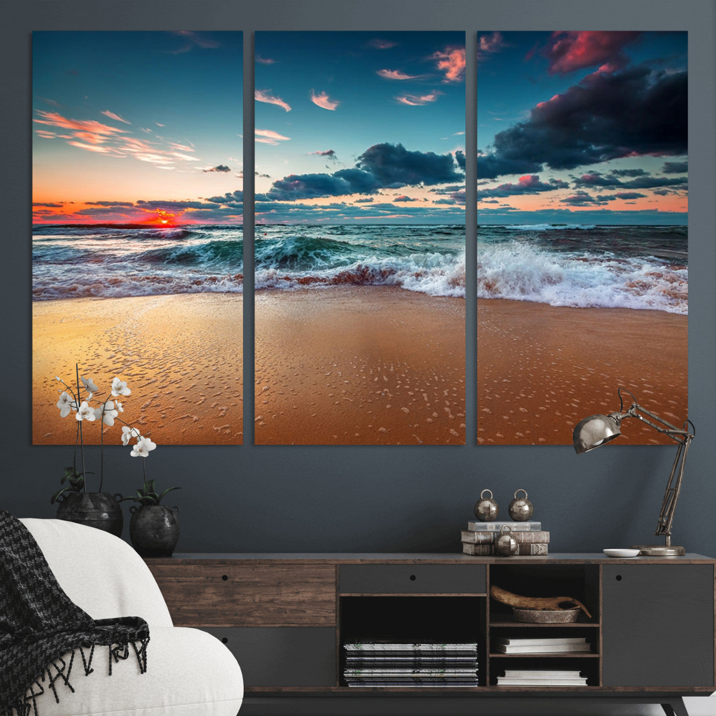 MGV-CV-48X32-3P - Sunset Ocean Beach Wall Art – Giclee Canvas Print, Coastal Seascape, Ready to Hang, Beach Decor, Large 3-Panel Set for Living Room