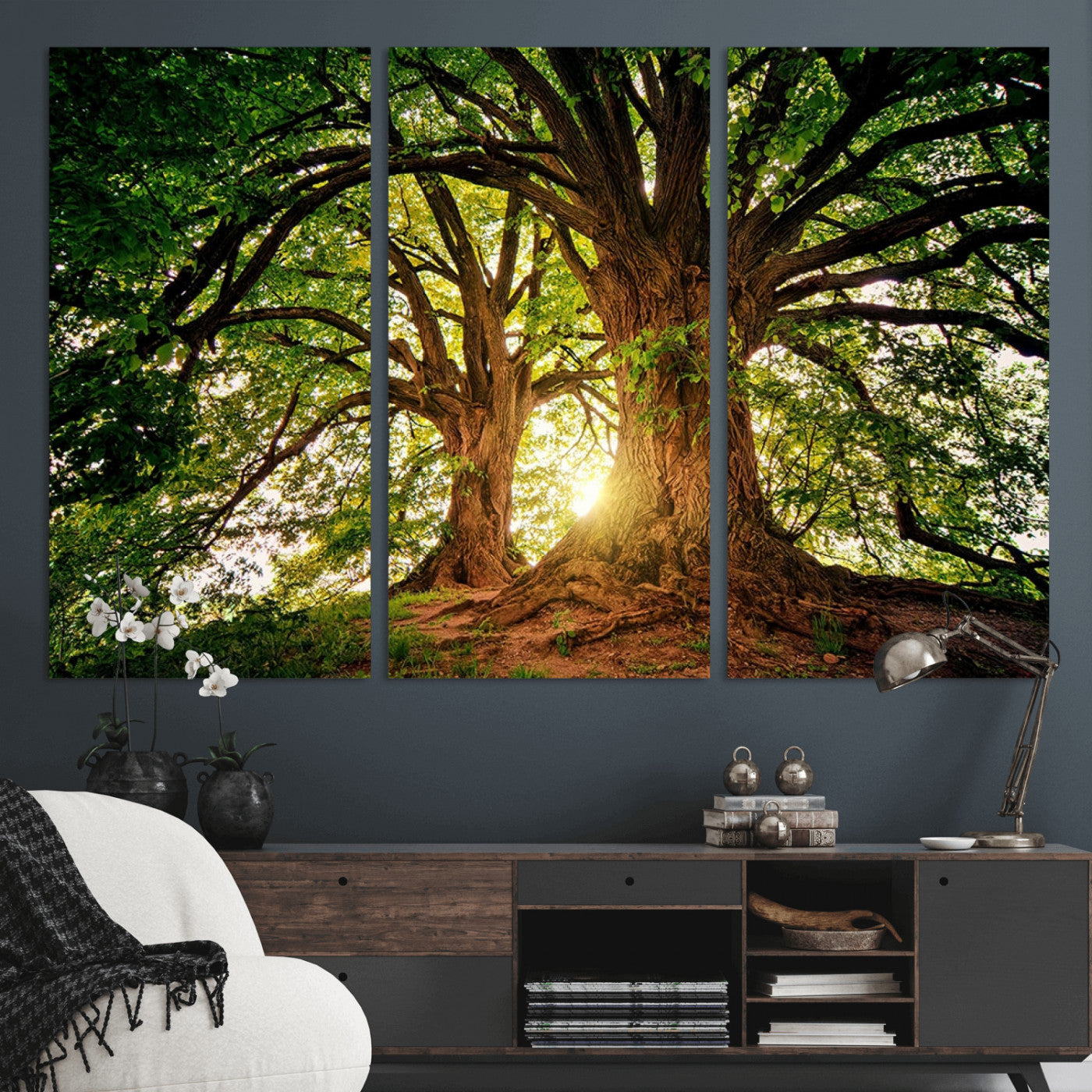 MGV-CV-48X32-3P - Majestic Ancient Tree Wall Art, Nature-Inspired Canvas Print, Woodland Art, Tree of Life Artwork, Sunlit Forest, Giclee Nature Print