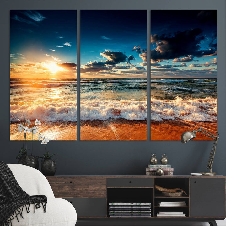 Golden Hour Sunset Over Ocean Waves Canvas: 3-Panel Coastal Landscape Art with Stunning Beach Photography Print.