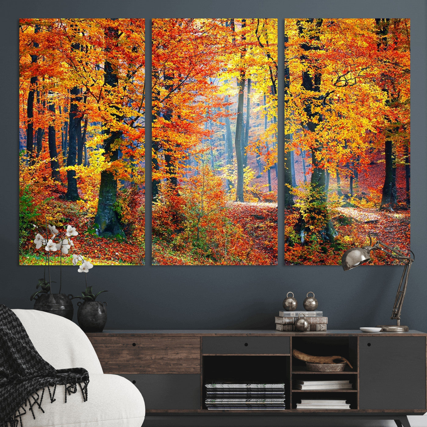 MGV-CV-48X32-3P - Autumn Red Forest Triptych Canvas Wall Art Print, Forest Wall Decor, Fall Landscape Art | Season Nature Landscape for Home or Office