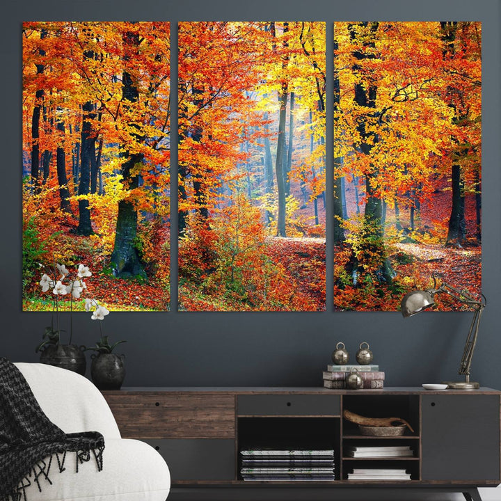 The room features an Autumn Red Forest Triptych Canvas Wall Art.