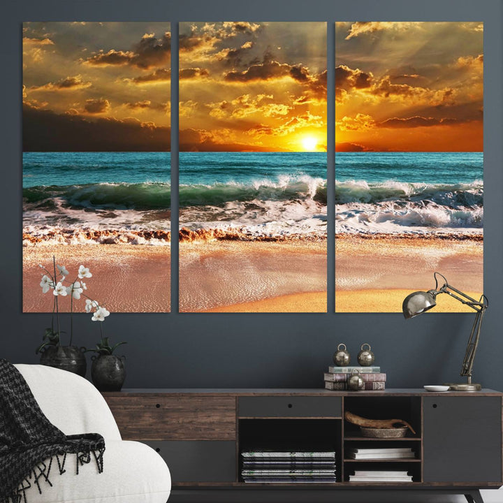 Golden Sunset Beach Canvas Triptych adorns the cozy room, creating a stunning focal point.