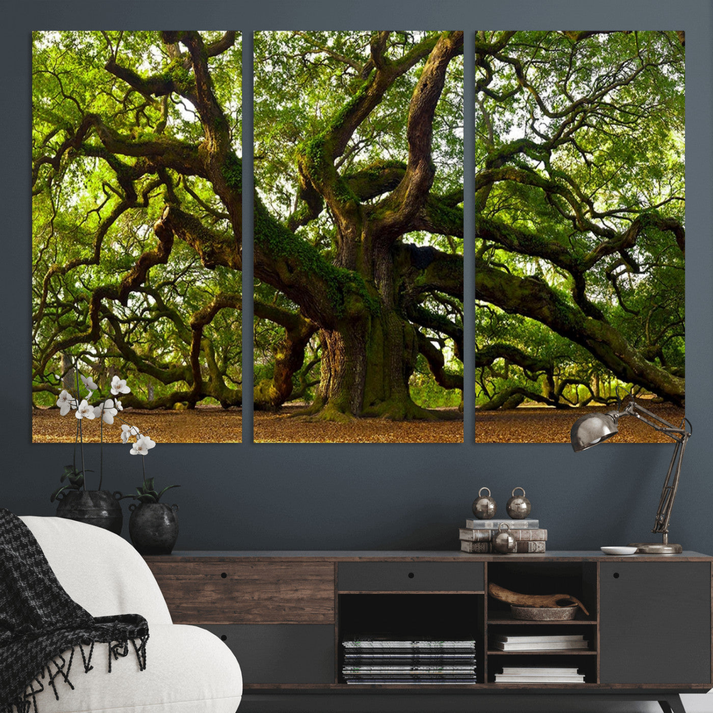 MGV-CV-48X32-3P - Angel Oak Tree Wall Art Canvas Print | Forest Tree Nature Photography Print on Canvas | Large Triptych Art for Living Room or Office Decor