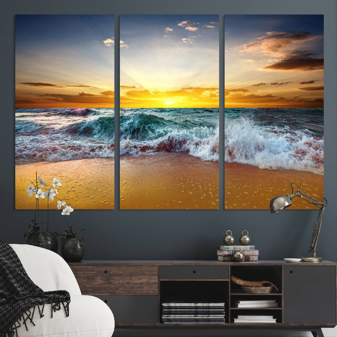 The kitchen features the Golden Sunset Ocean Waves multi-panel coastal wall art canvas.