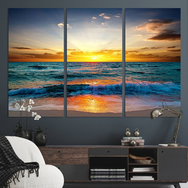 A kitchen dining area with coastal wall art.