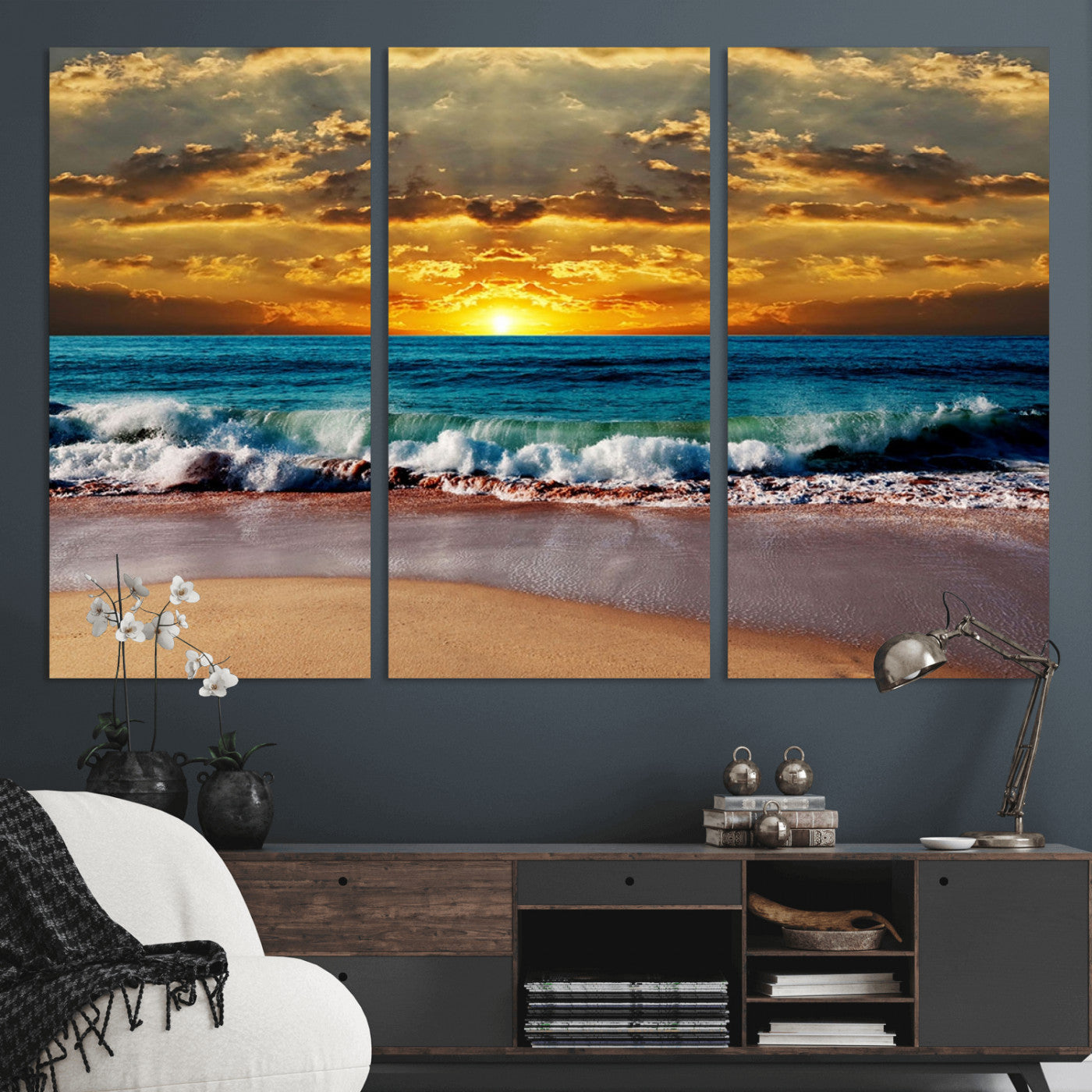 MGV-CV-48X32-3P - Ocean Sunrise Over Golden Beach Waves, Giclee Canvas Wall Art Set, High-Quality Stretched Canvas Print, Ready to Hang Coastal Sunset Wall Decor