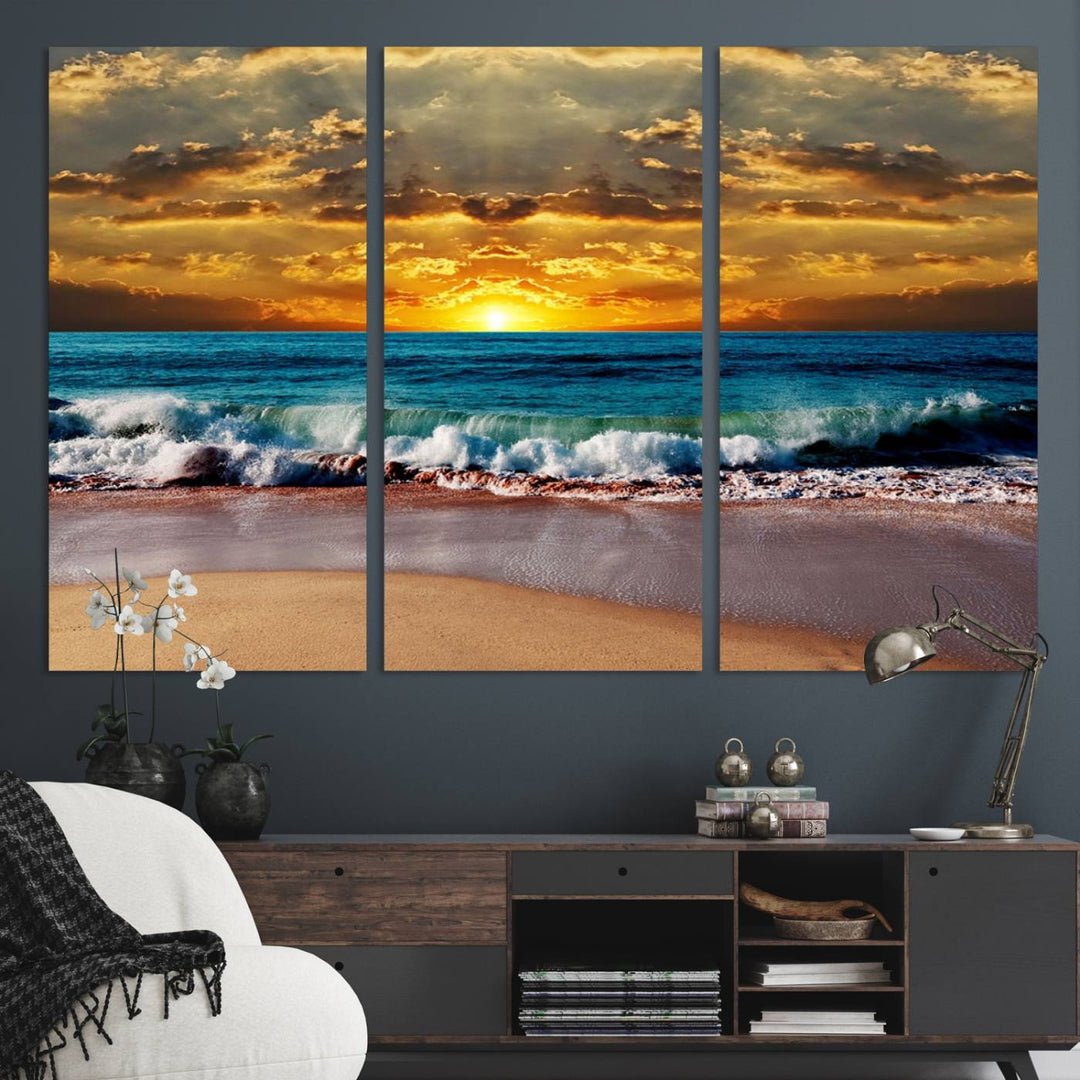 The Ocean Sunrise Over Golden Beach Waves wall art is prominently displayed, capturing the serene beauty of a beach at sunrise.