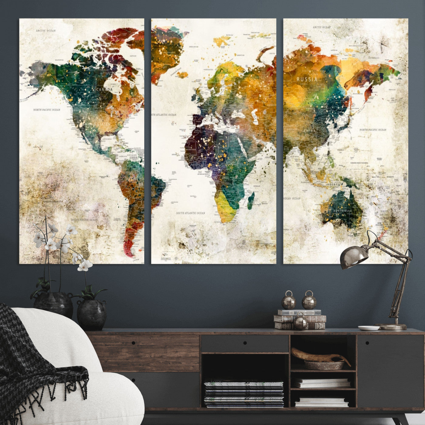 MGV-CV-48X32-3P - Push Pin World Map Canvas Print – Framed Wall Art for Couples to Track Their Travels – Anniversary