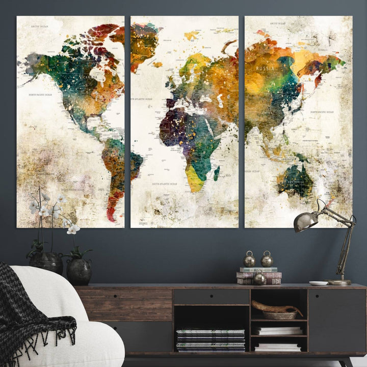 A 3-panel vintage world map canvas art is displayed.