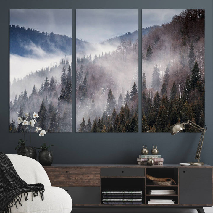 A museum-quality canvas of Beautiful Rising Fog in Winter Mountain Landscape hangs on the wall.