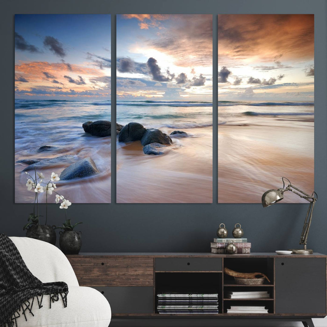 The Serene Weather On The Beach wall art canvas is ready to hang.