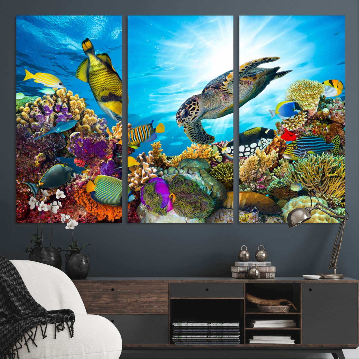 MGV-CV-48X32-3P - Sea Turtle Coral Reef Wall Art Print – Colorful Underwater Canvas Print – Tropical Ocean Marine Life Artwork – Perfect for Coastal Home Decor
