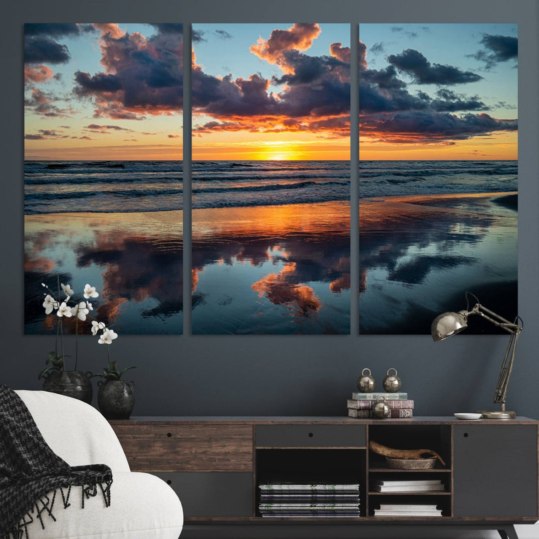 A Beach Sunset Print - Stunning Ocean Canvas Artwork adorns the wall.