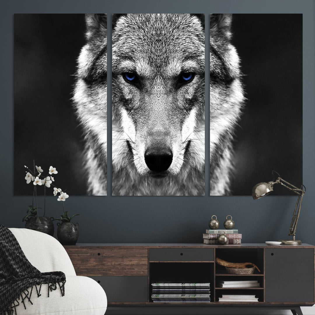 A ready-to-hang Black and White Wild Wolf Wall Art Canvas Print.