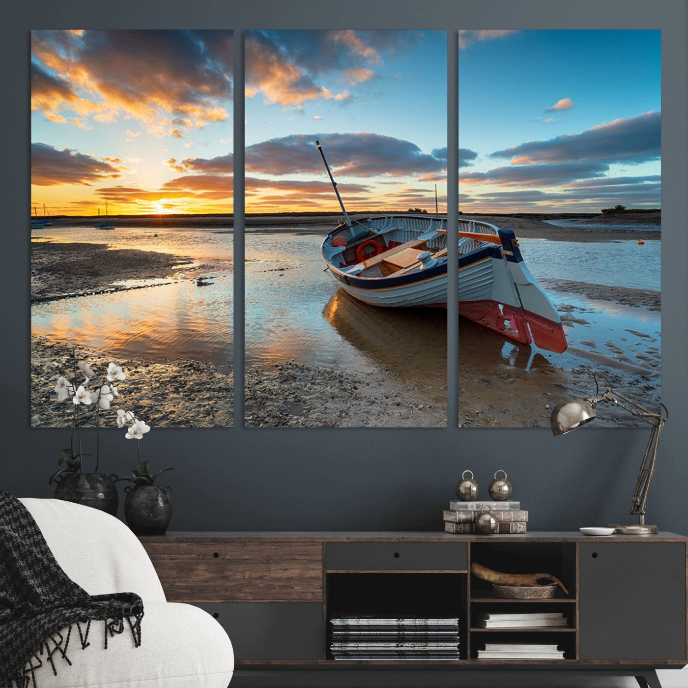 MGV-CV-48X32-3P - Small Boat At The Beach Sunset Wall Art, Boat Sunset Wall Art Canvas Print
