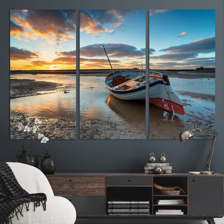 The Small Boat At The Beach Sunset wall art canvas print features UV coating, is museum-quality, and is ready to hang.