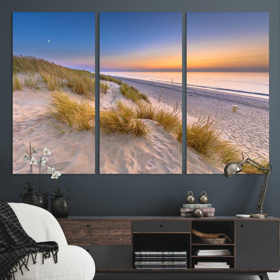 The cozy kitchen features the Sunrise On The Beach canvas art.