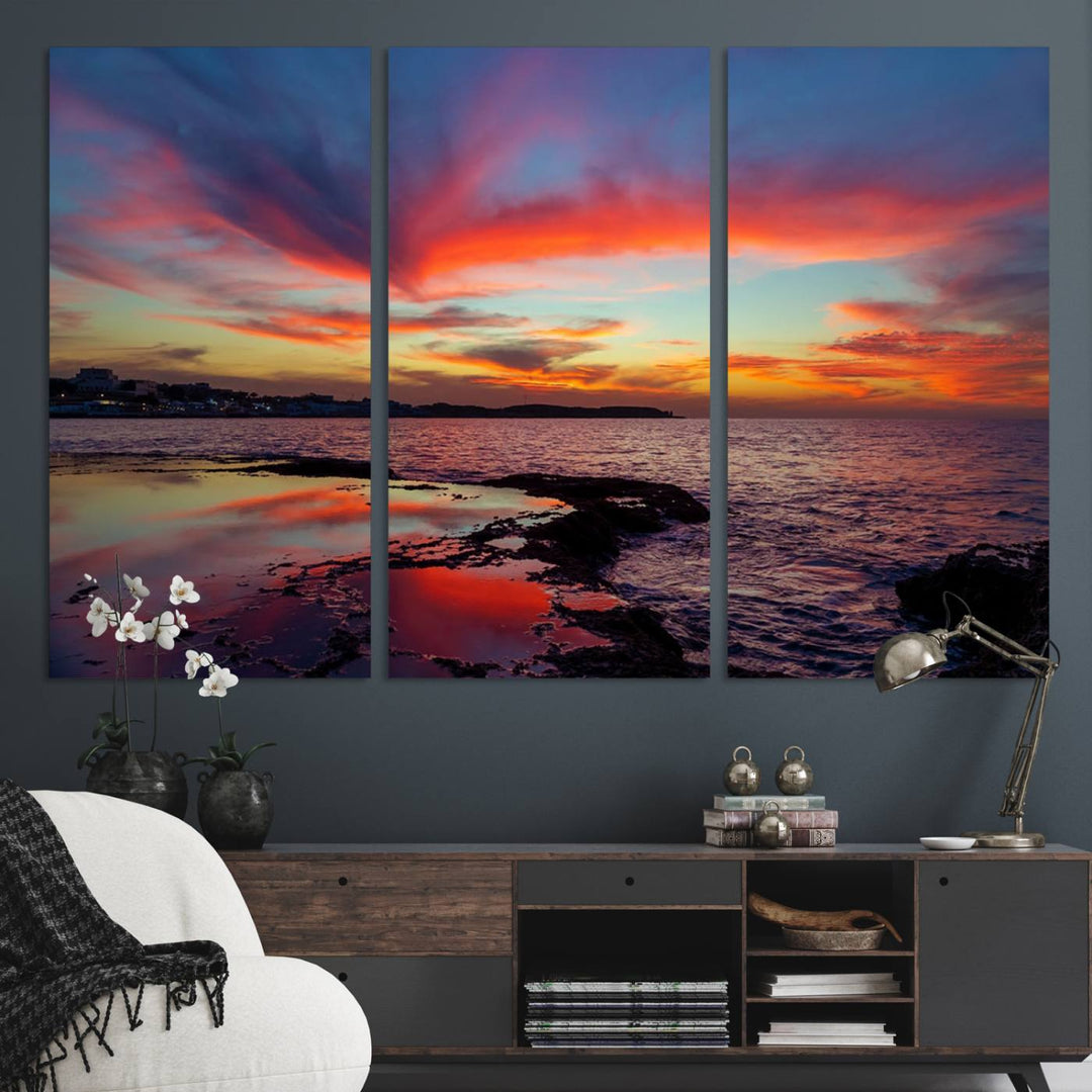 The Glorious Sunset on The Beach canvas print adorns the dining room.